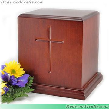 Carved Cross Wood Urn 